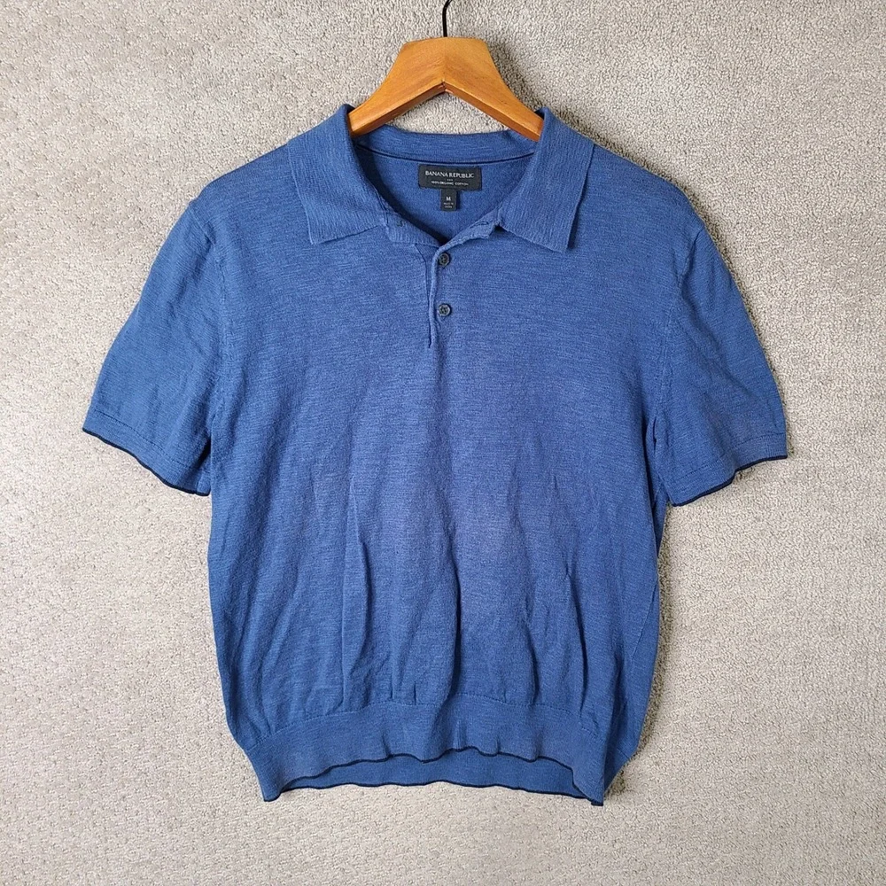 Banana Republic Shirt Mens Medium Blue Polo Sweater Short Sleeve Organic Cotton